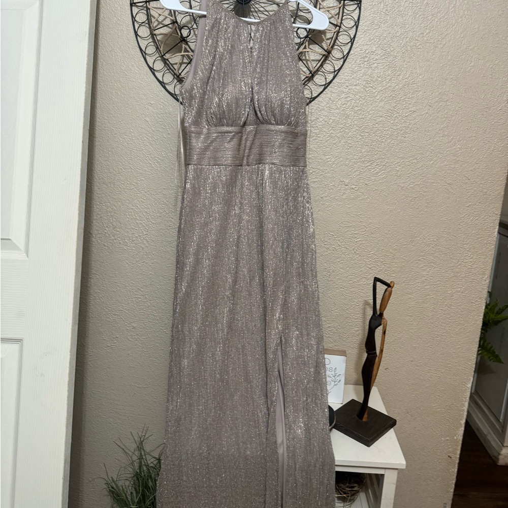 David's Bridal Shimmering Silver Maxi Dress